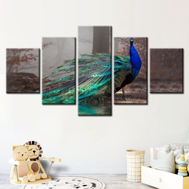 5 Piece Vivid Peacock by the Pond - Canvas Wall Art Painting | Bowlift
