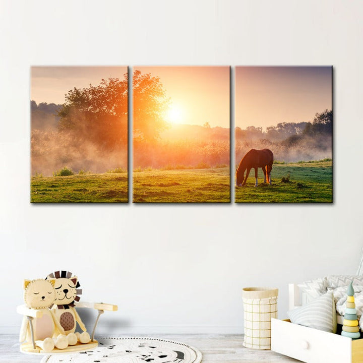 Sunrise Grazing Horse-Canvas Wall Art Painting 3 Pieces | Bowlift