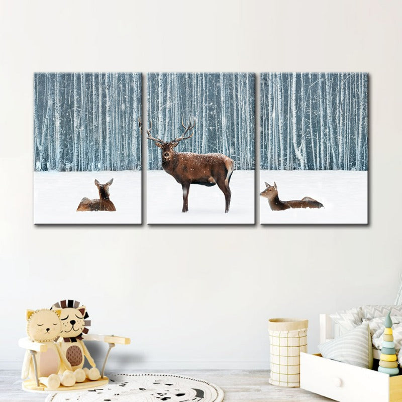 Two Does And A Deer In Winter-Canvas Wall Art Painting 3 Pieces | Bowlift