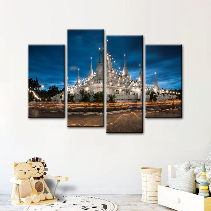 4 Piece Beautiful Temple Night Time - Canvas Wall Art Painting | Bowlift