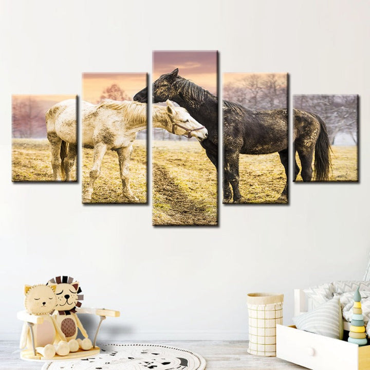 5 Piece Black & White Horses - Canvas Wall Art Painting | Bowlift