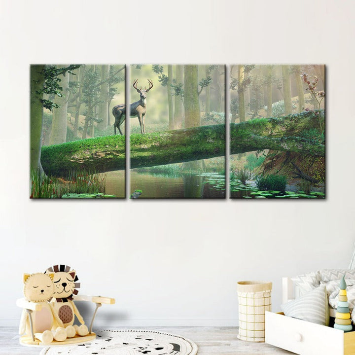 Enchanted Forest Deer-Canvas Wall Art Painting 3 Pieces | Bowlift
