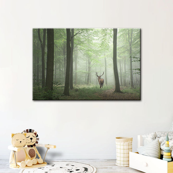 Misty Mystical Deer In The Woods - Canvas Wall Art Painting | Bowlift