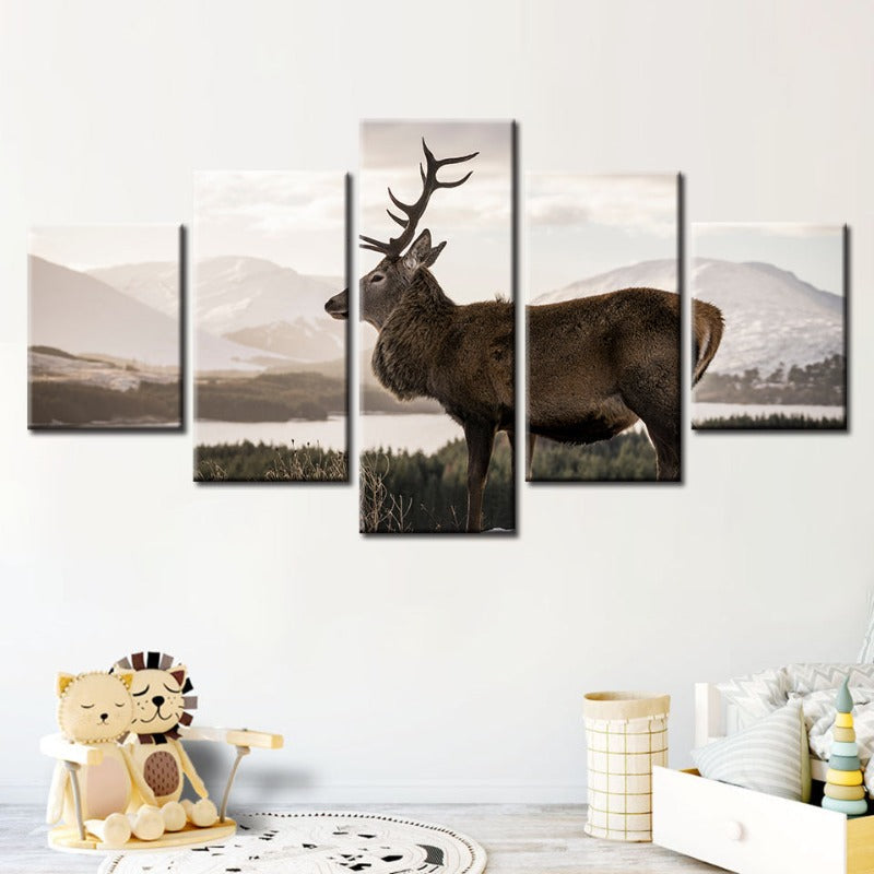 5 Piece Somber Winter Deer - Canvas Wall Art Painting | Bowlift