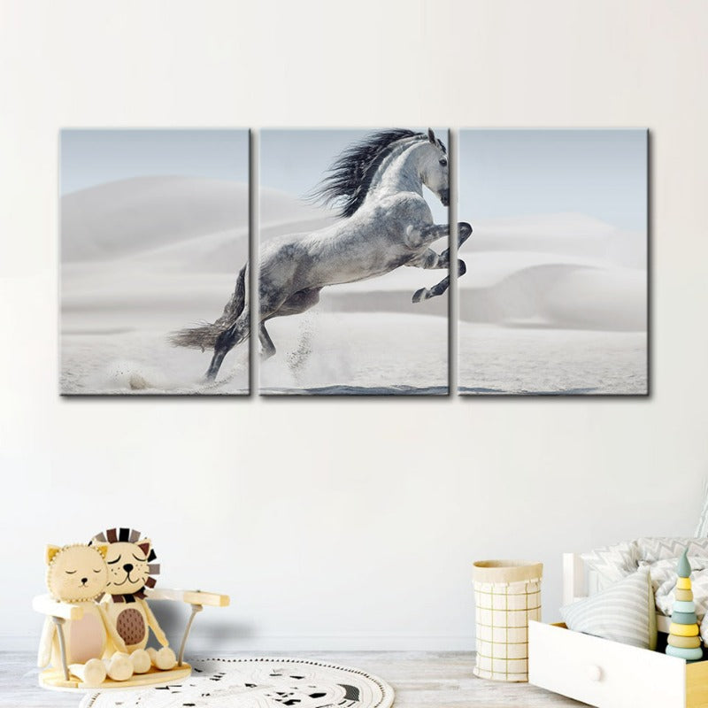 Jumping White Horse-Canvas Wall Art Painting 3 Pieces | Bowlift