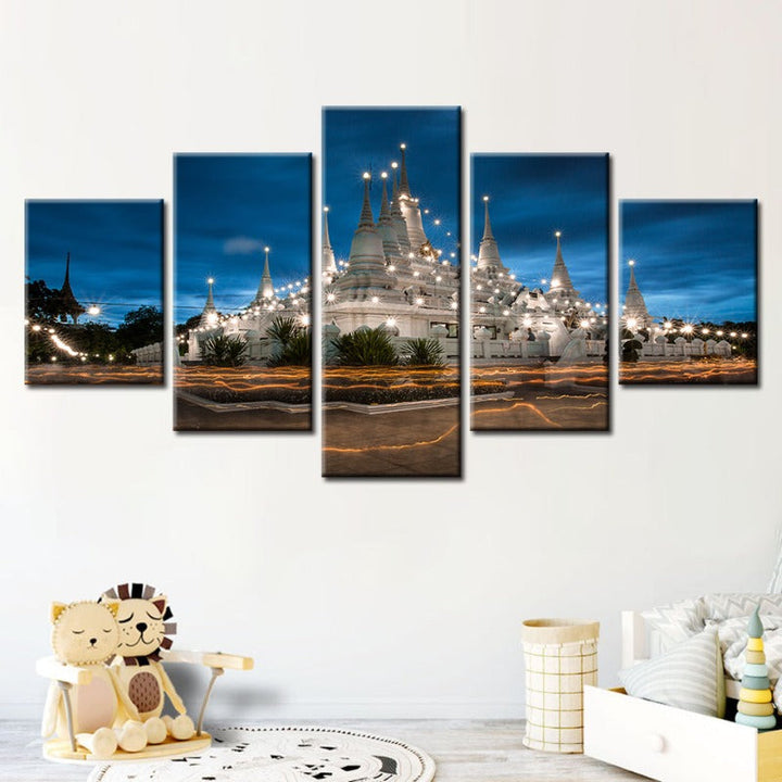 5 Piece Beautiful Temple Night Time - Canvas Wall Art Painting | Bowlift