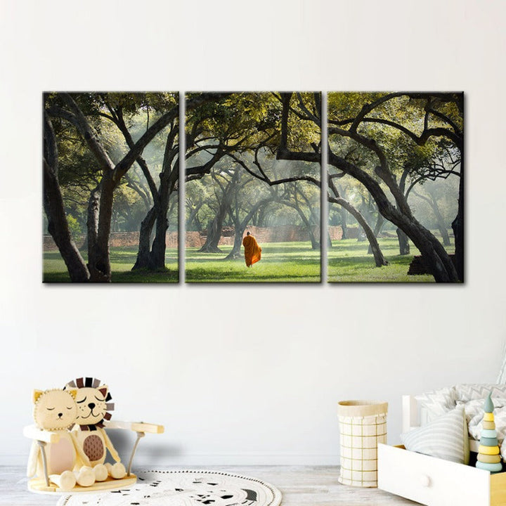 Peaceful Monk Walking-Canvas Wall Art Painting 3 Pieces | Bowlift