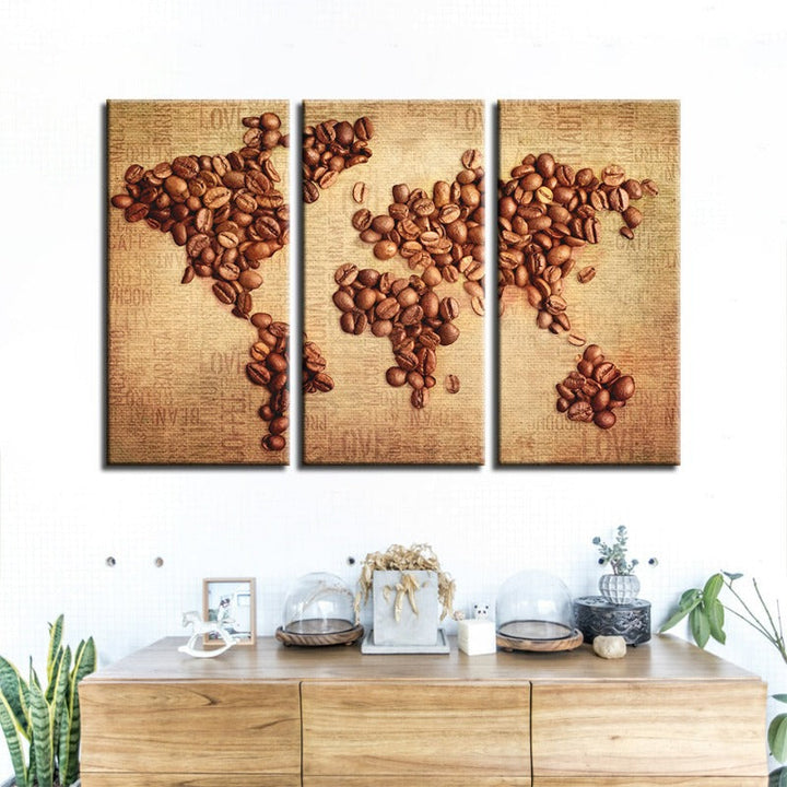 Beautiful Abstract Coffee Beans World Map - Canvas Wall Art Painting 3 Pieces | Bowlift