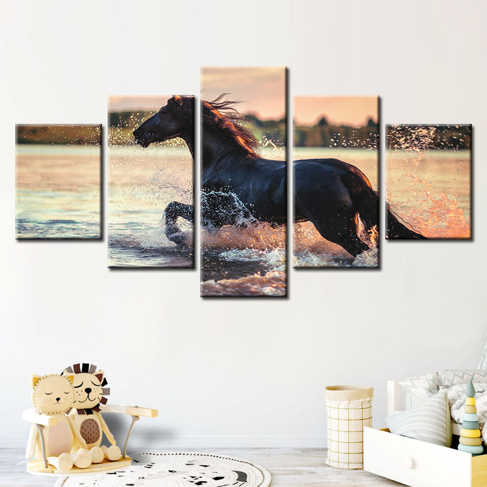 5 Piece Running Horse in Water - Canvas Wall Art Painting | Bowlift
