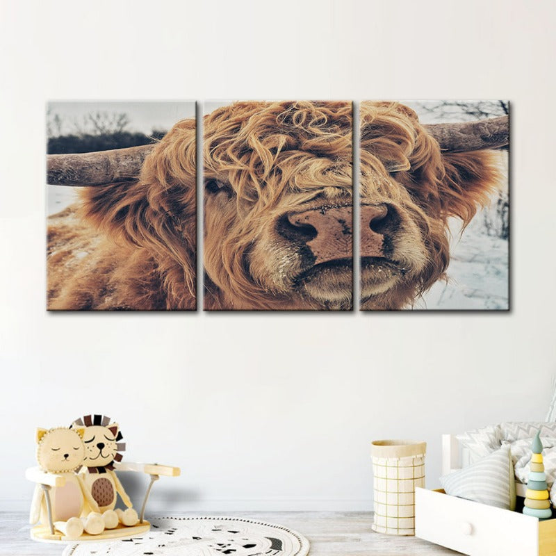 Close Up Brown Cow-Canvas Wall Art Painting 3 Pieces | Bowlift