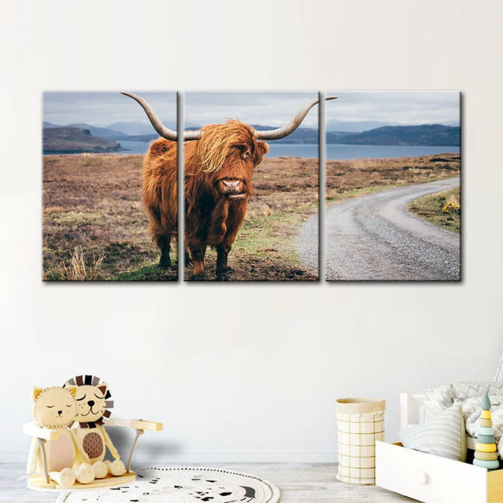 Beautiful Brown Cow-Canvas Wall Art Painting 3 Pieces | Bowlift