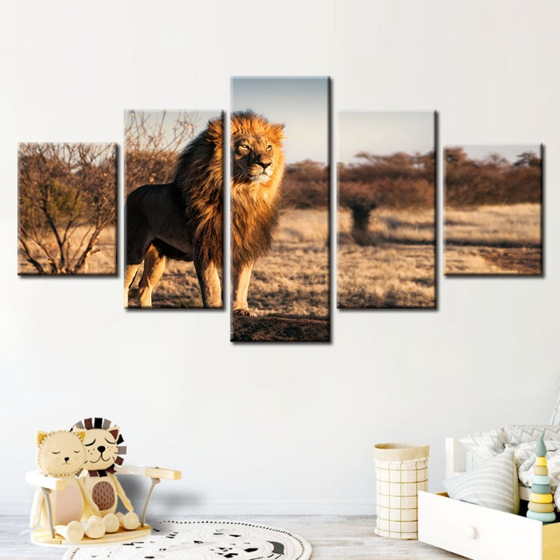 5 Piece Majestic Lion Bathed In Sunlight - Canvas Wall Art Paintings | Bowlift