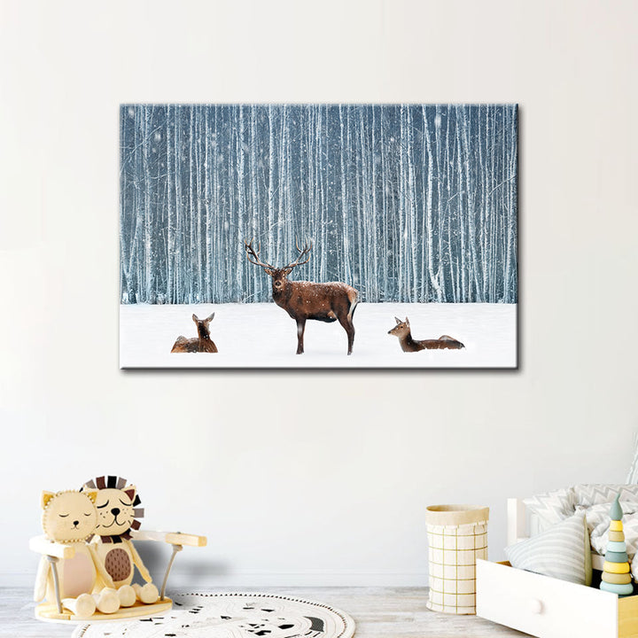 Two Does And A Deer In Winter - Canvas Wall Art Painting | Bowlift