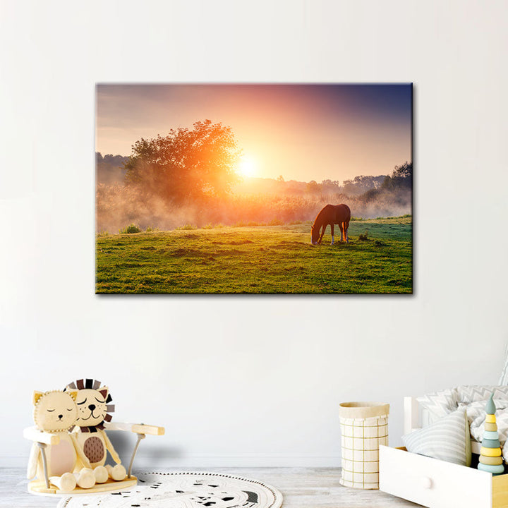 Sunrise Grazing Horse - Canvas Wall Art Painting | Bowlift