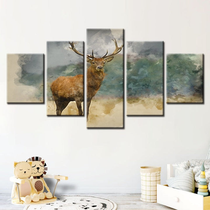 5 Piece Watercolor Plains Deer - Canvas Wall Art Painting | Bowlift