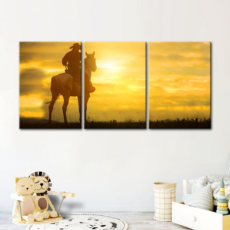 Cowboy And His Steed - Canvas Wall Art Painting 3 Pieces | Bowlift