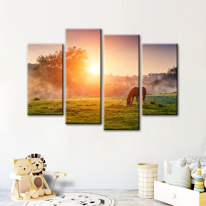 4 Piece Sunrise Grazing Horse - Canvas Wall Art Painting | Bowlift