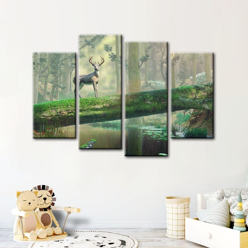 4 Piece Enchanted Forest Deer - Canvas Wall Art Painting | Bowlift