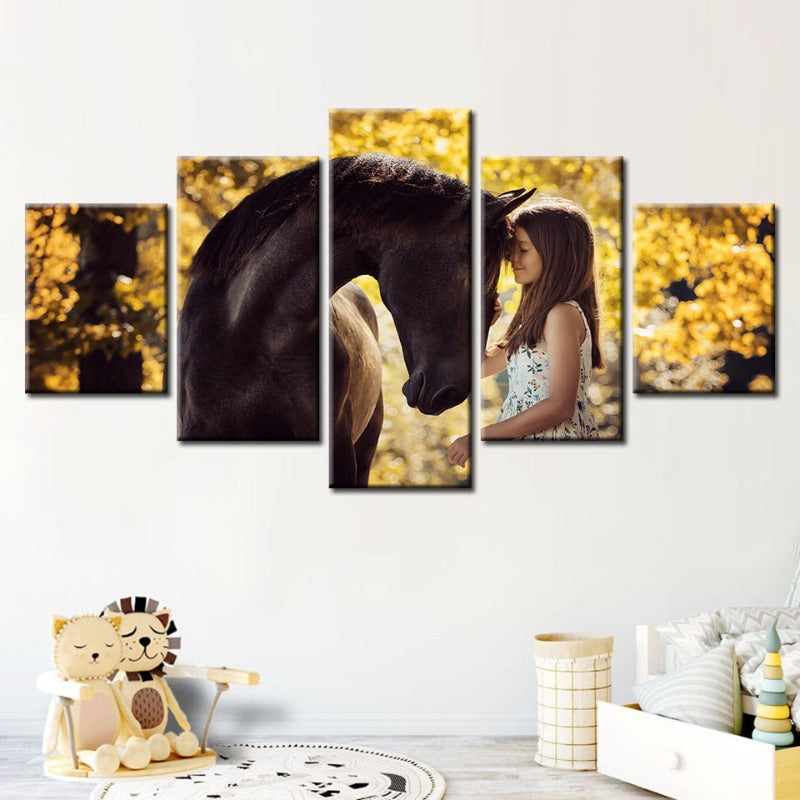 5 Piece Friendship Between Girl & Horse - Canvas Wall Art Painting | Bowlift