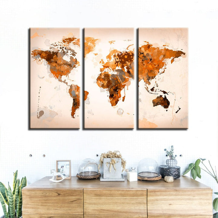 Beautiful Abstract Brown World Map-Canvas Wall Art Painting 3 Pieces | Bowlift
