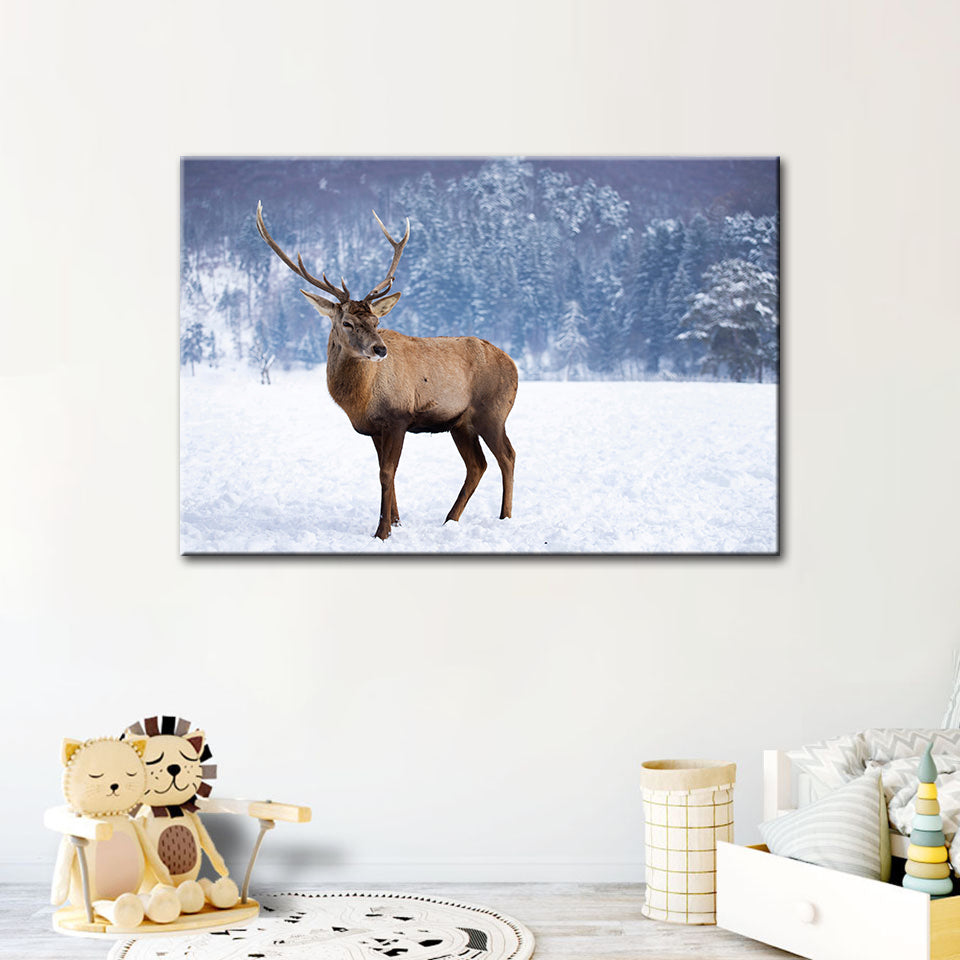 Snowy Landscape Deer - Canvas Wall Art Painting | Bowlift