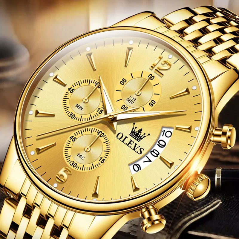 BowLift | Luxury Gold Three-Eye Chronograph Dial Automatic Mechanical Watch