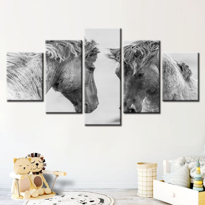 5 Piece Two White Horses - Canvas Wall Art Painting | Bowlift