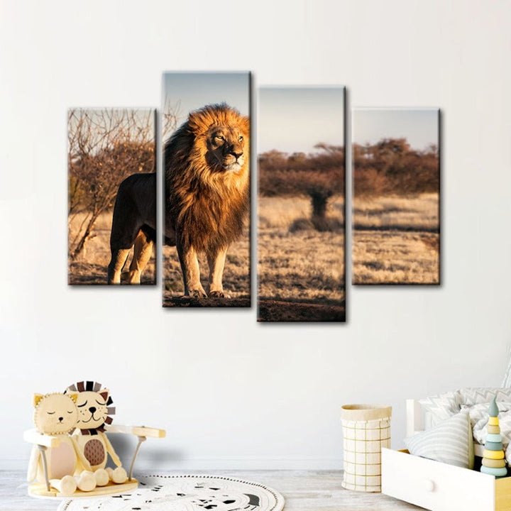4 Piece Majestic Lion Bathed in Sunlight - Canvas Wall Art Painting | Bowlift