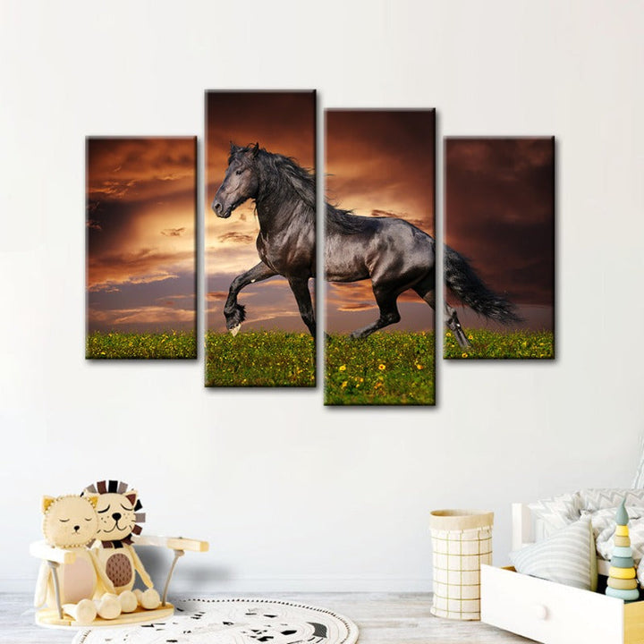 4 Piece Running Black Horse - Canvas Wall Art Painting | Bowlift