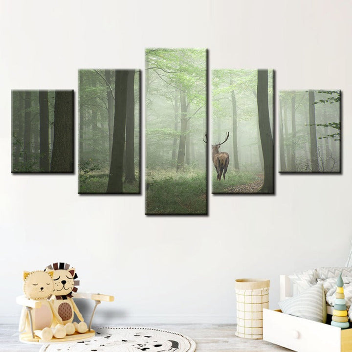 5 Piece Misty Mystical Deer In The Woods - Canvas Wall Art Paintings | Bowlift