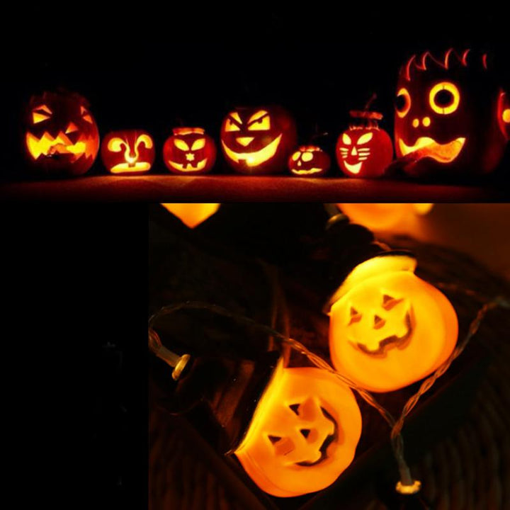Glowing pumpkin garland Halloween with witch hats | Bowlift