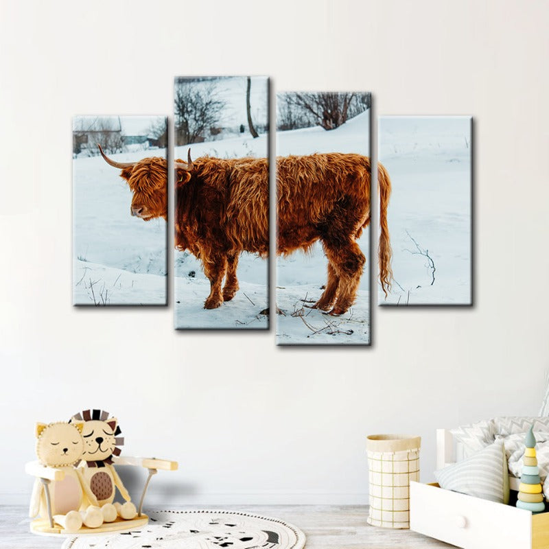4 Piece Curly Haired Cow - Canvas Wall Art Painting | Bowlift