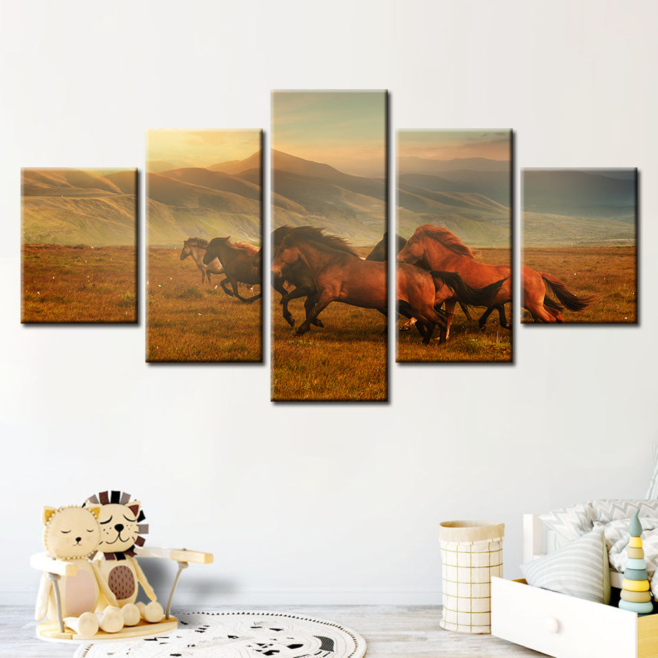 5 Piece Running Horses With Beautiful Landscape - Canvas Wall Art Painting | Bowlift