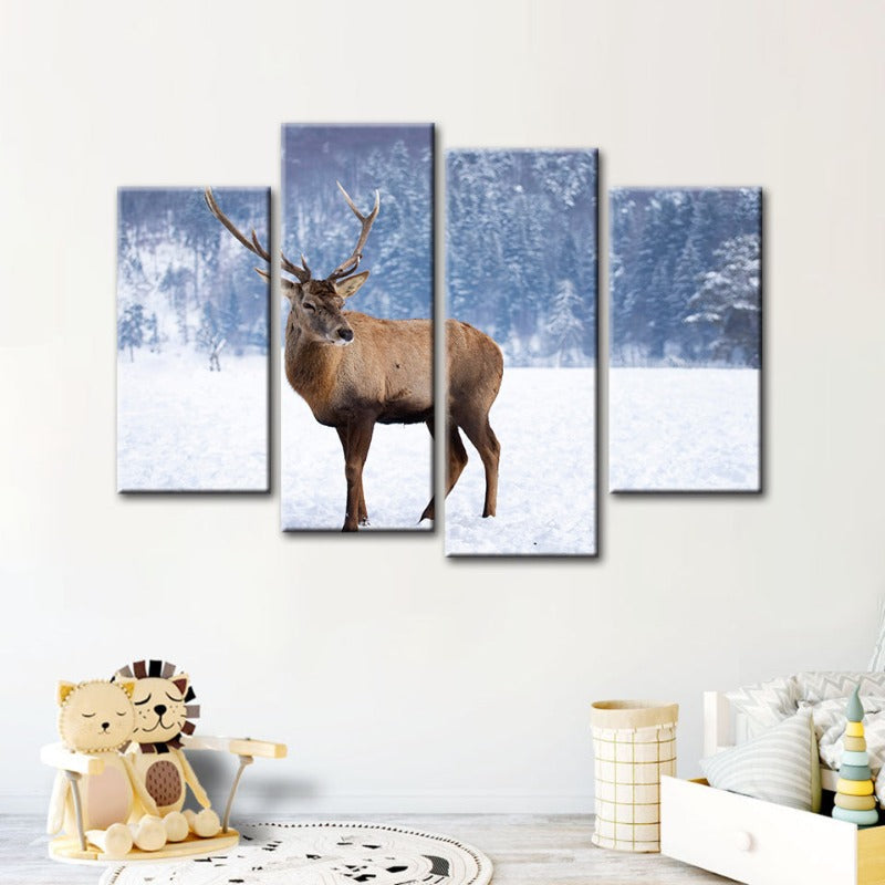 4 Piece Snowy Landscape Deer - Canvas Wall Art Painting | Bowlift