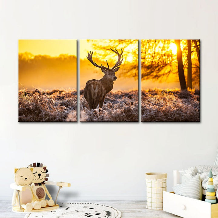 Winter Deer At Dawn-Canvas Wall Art Painting 3 Pieces | Bowlift