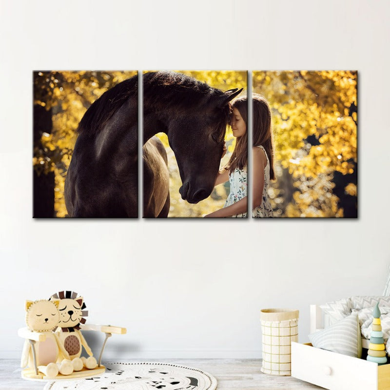 Friendship Between a Girl and Horse-Canvas Wall Art Painting 3 Pieces | Bowlift