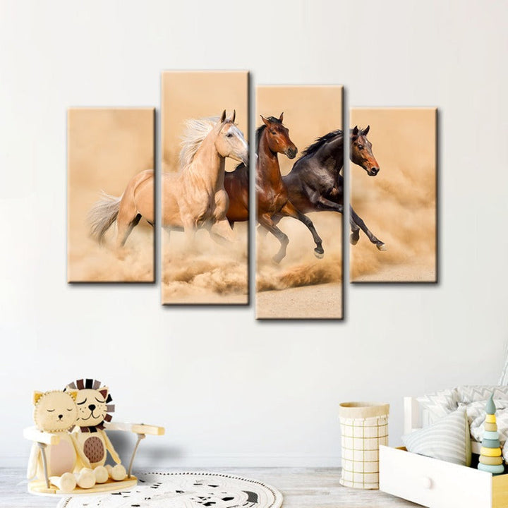 4 Piece Three Running Horses in Desert - Canvas Wall Art Painting | Bowlift