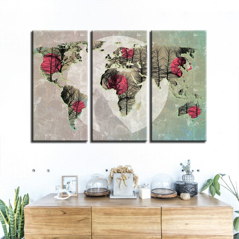 Beautiful Abstract Pink Sun World Map-Canvas Wall Art Painting 3 Pieces | Bowlift