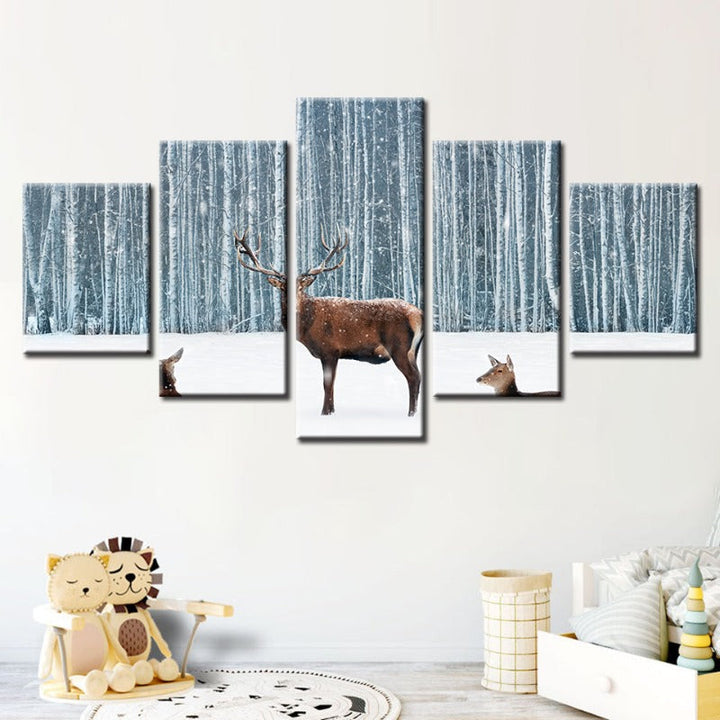 5 Piece Two Does and a Deer in Winter - Canvas Wall Art Painting | Bowlift