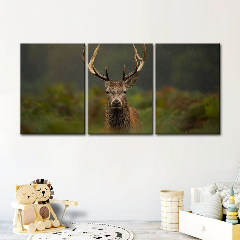 Curios Deer Amongst Ferns-Canvas Wall Art Painting 3 Pieces | Bowlift