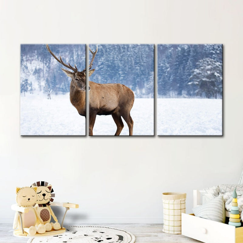 Snowy Landscape Deer-Canvas Wall Art Painting 3 Pieces | Bowlift