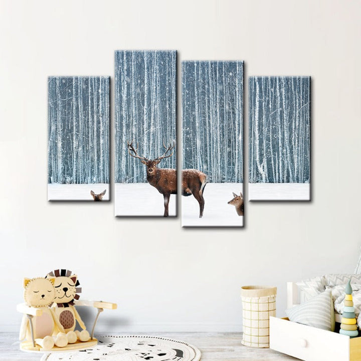 4 Piece Two Does and a Deer in Winter - Canvas Wall Art Painting | Bowlift