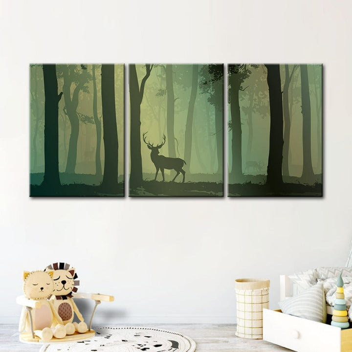 Enchanted Green Toned Silhouetted Deer-Canvas Wall Art Painting 3 Pieces | Bowlift