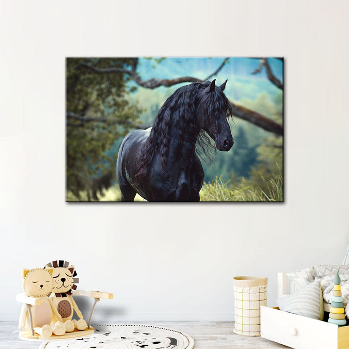 Black Horse In Forest - Canvas Wall Art Painting | Bowlift