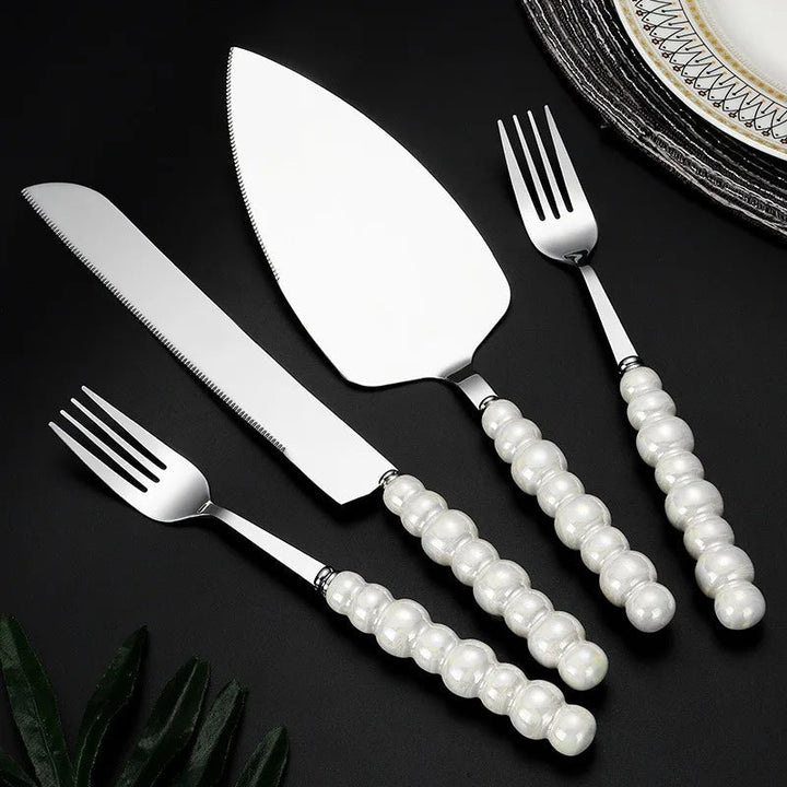 BowLift | Creative Pearl Ceramic Handle Cake Knife and Spatula Set Stainless Steel