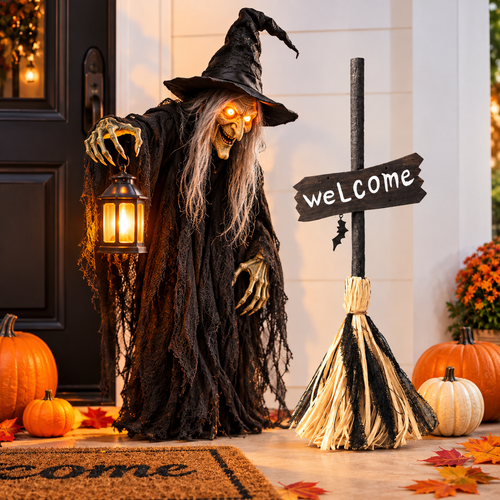 Halloween Welcome Decorative Broom with Rustic Welcome Sign Bowlift