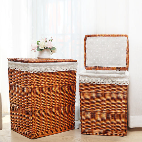 Women's laundry basket with decorative checkered fabric and practical lid Bowlift
