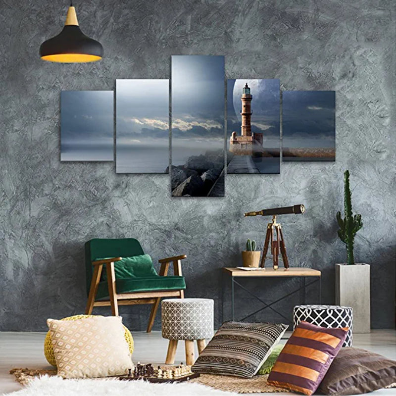 5 Pieces Lighthouse Night Pictures Artwork Canvas Painting | Bowlift