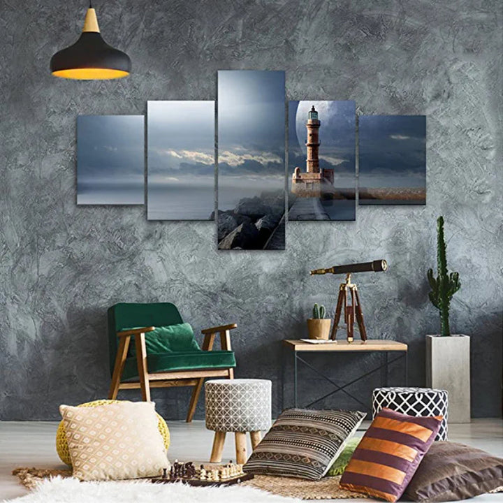5 Pieces Lighthouse Night Pictures Artwork Canvas Painting | Bowlift