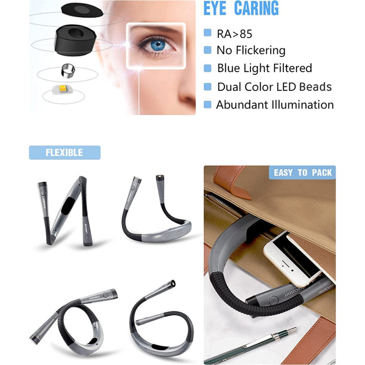 BowLift | LED Neck Reading Lamp, Book Light for Reading in Bed, 3 Colors, 6 Brightness Levels, Flexible Arm, Rechargeable, Durable, Perfect for Reading, Knitting, Camping, Repairing